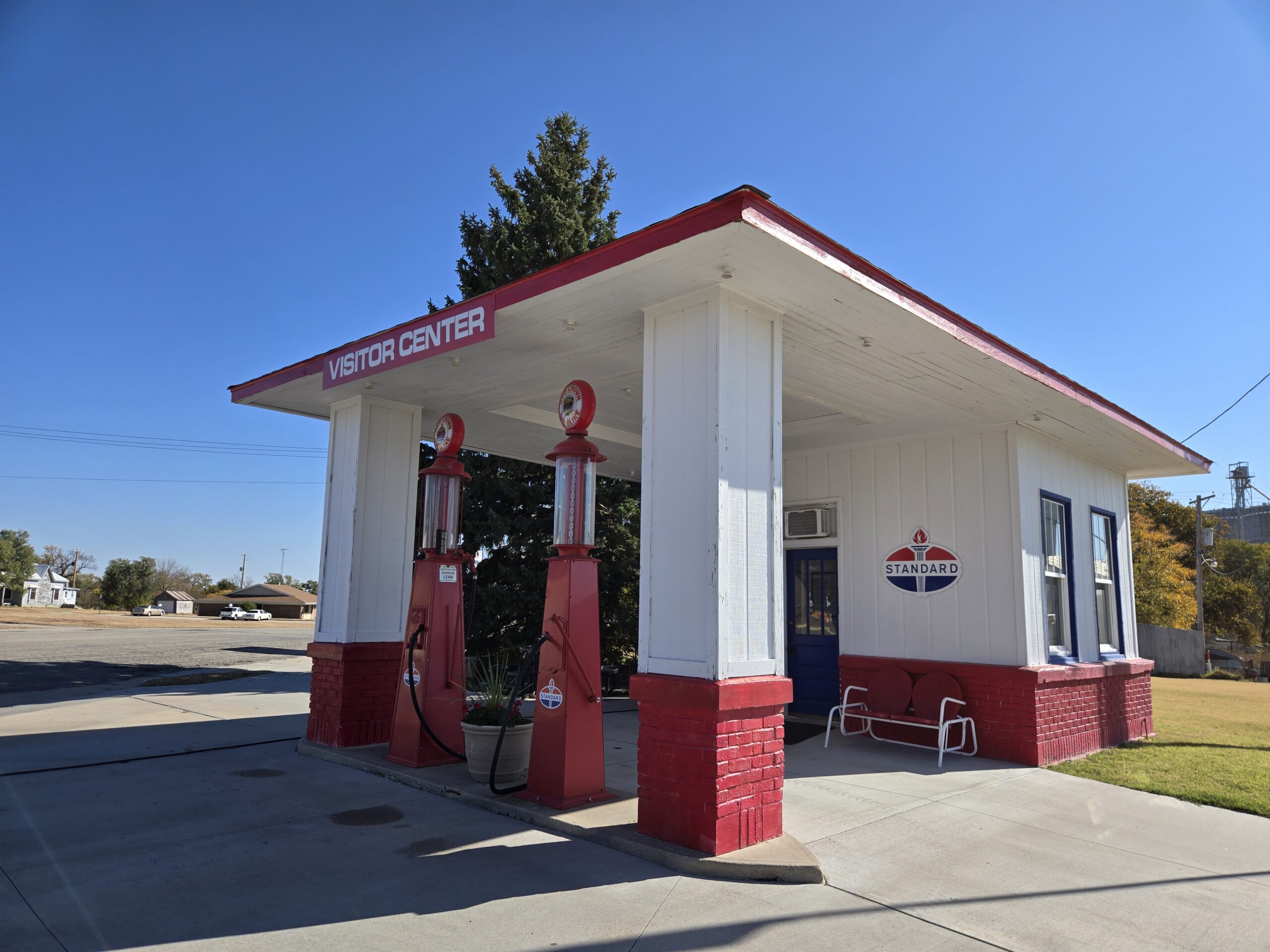 Restored Gas Station is now a Visitor Center for the Geographical Center of the Lower 48 United States in Lebanon Kansas